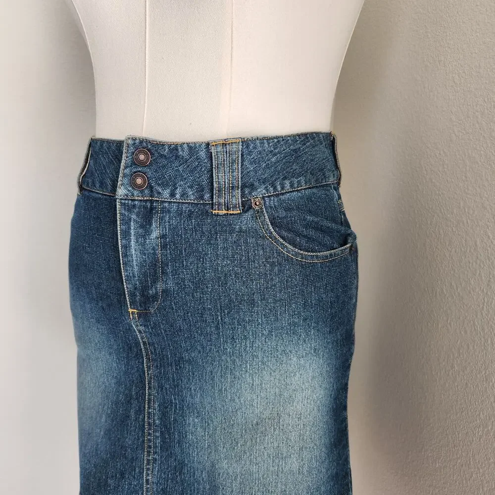 Vintage Y2K Medium Wash Denim Skirt Straight Knee Length Route 66 Size 10